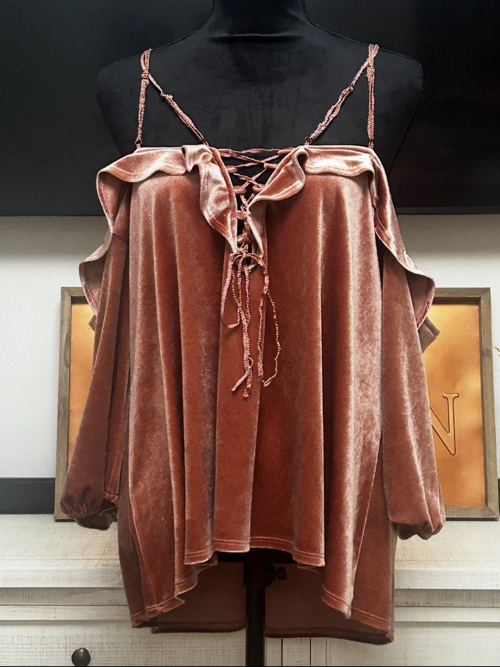 Velvet Lace-Up Cold-Shoulder Top in Rose Brown